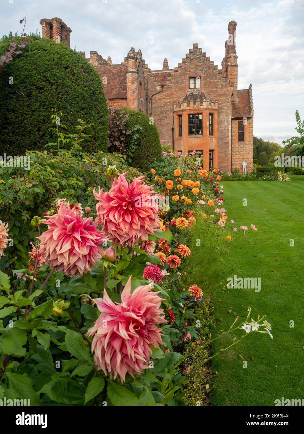 Chenies Manor e giardino circondato da dahlias colorato nel mese di ottobre. Dahlia 'Islander' in primo piano con rosso, arancione in lungo confine erbaceo. Foto Stock