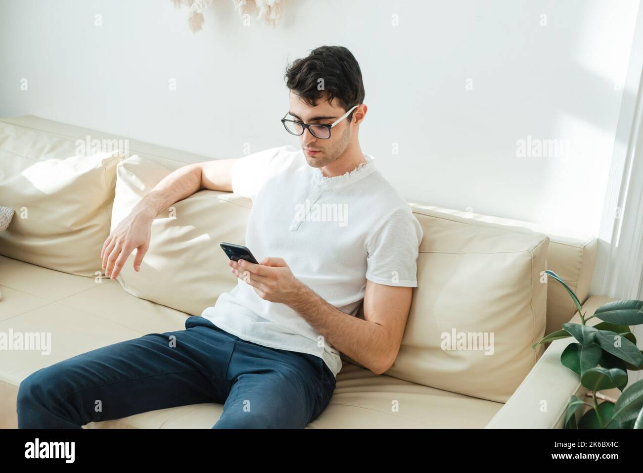 Ritratto di un freelance maschile che è sempre in contatto a casa. Bell'uomo ha messo a fuoco il suo smartphone mentre si siede sul divano. Foto Stock