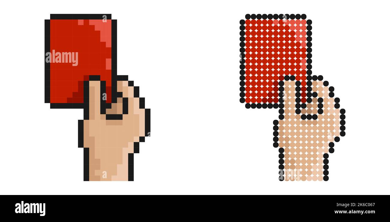 Icona pixel. Mano dell'arbitro sportivo che mostra la carta per il giocatore che infrange le regole. Gioco di squadra di calcio, calcio. Semplice vettore di gioco retrò isolato su Whi Illustrazione Vettoriale