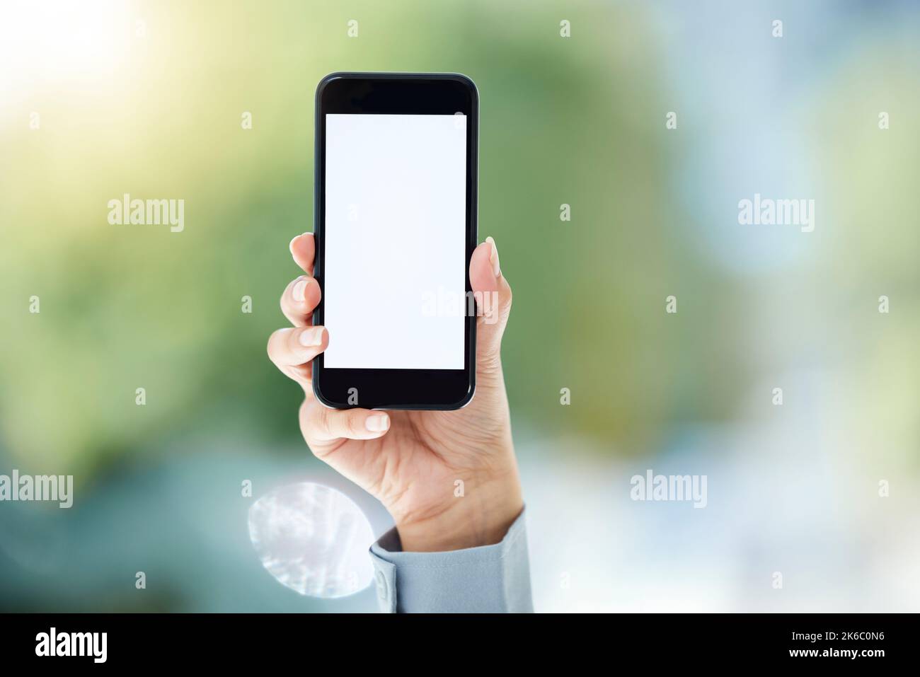 L'app che DEVI scaricare. Una donna d'affari irriconoscibile che tiene il cellulare per visualizzare lo schermo mentre si trova in ufficio. Foto Stock
