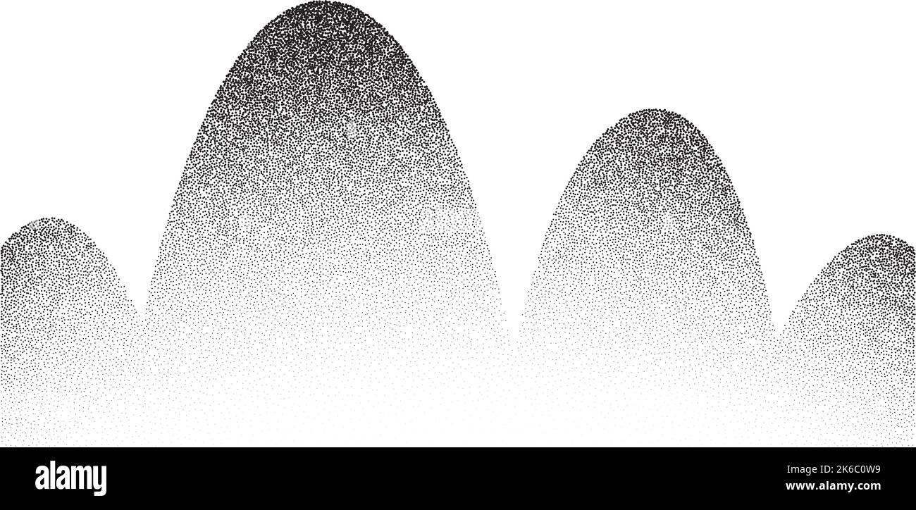 Sfondo dell'onda a grana. Colline a struttura punteggiata. Paesaggio astratto in stile dotwork. Rumore nero ed effetto gradiente sabbia. Sfondo punteggiato stocastico Illustrazione Vettoriale