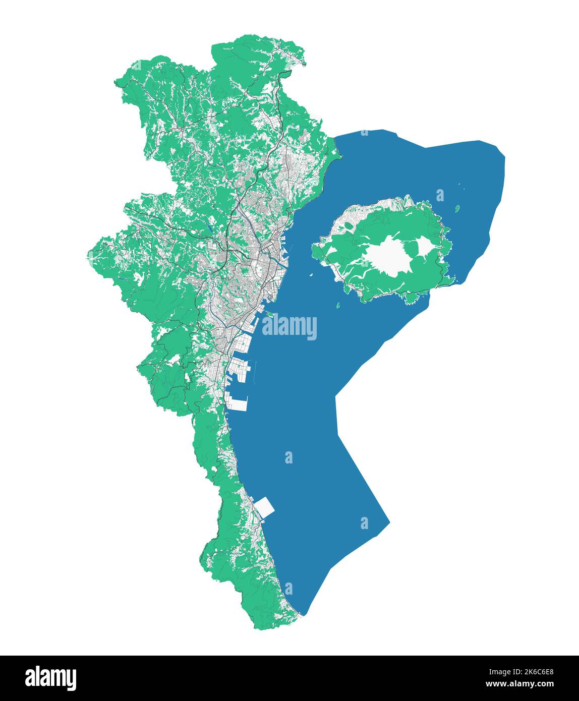 Mappa di Kagoshima. Mappa dettagliata dell'area amministrativa della città di Kagoshima. Panorama urbano. Illustrazione vettoriale senza royalty. Mappa stradale con autostrade, fiume Illustrazione Vettoriale