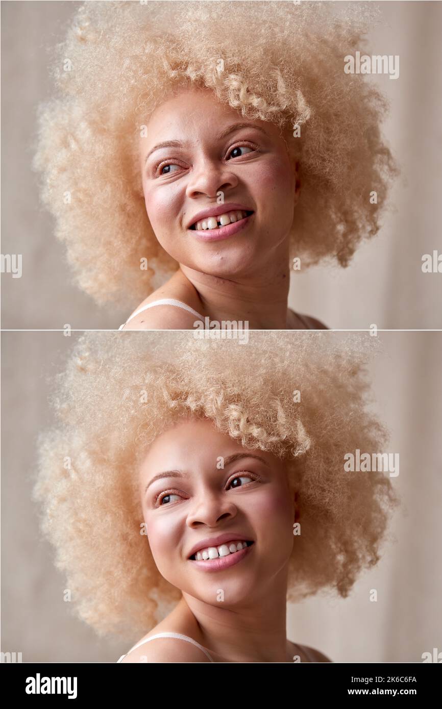 Scatto composito che mostra la testa e le spalle Foto della donna prima e dopo il ritocco Foto Stock