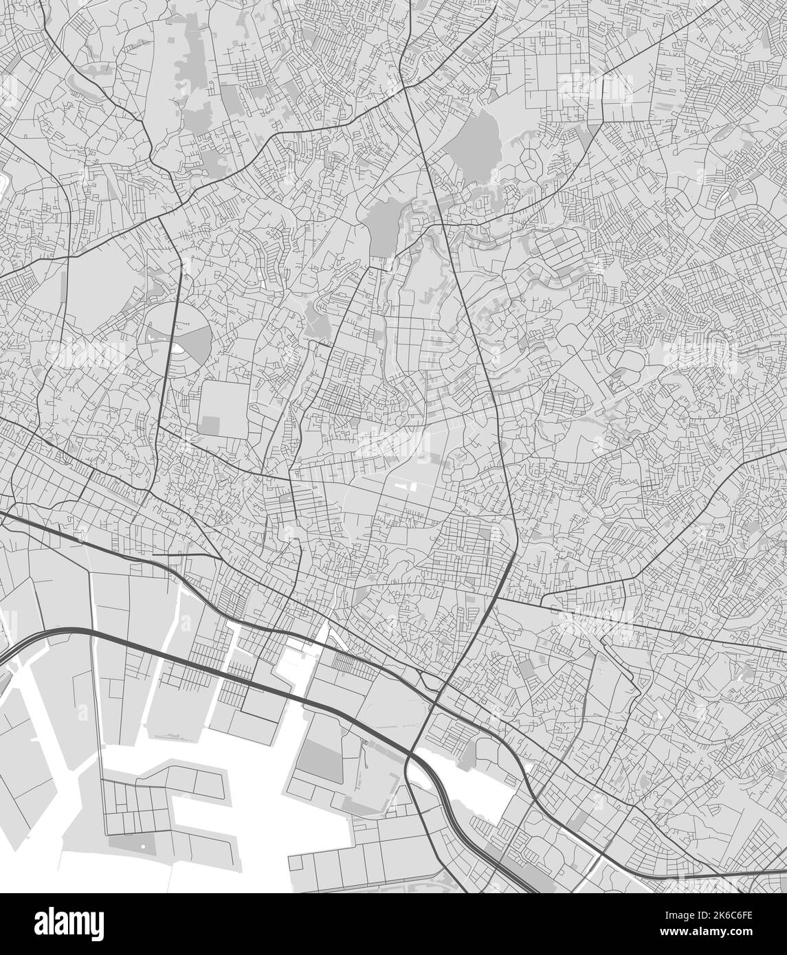 Mappa della città di Funabashi. Poster in bianco e nero urbano. Immagine della mappa stradale con vista dell'area metropolitana. Illustrazione Vettoriale