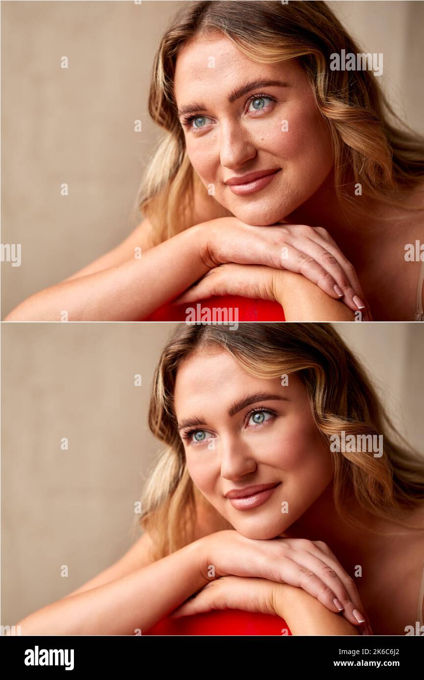 Scatto composito che mostra la testa e le spalle Foto della donna prima e dopo il ritocco Foto Stock