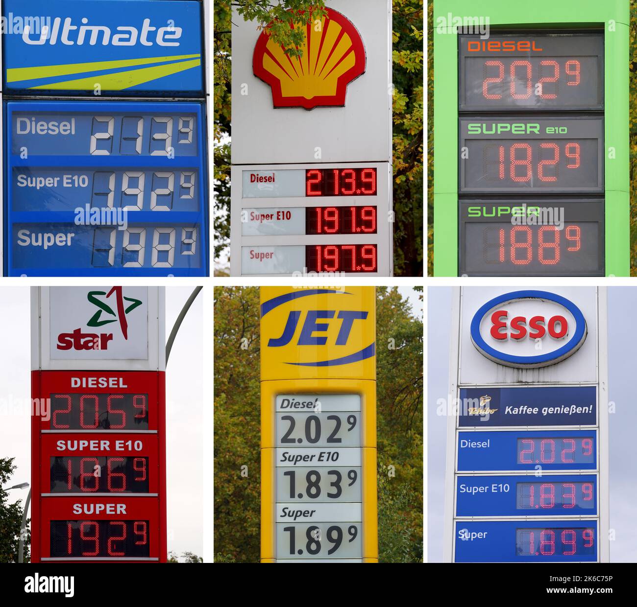 Amburgo, Germania. 13th Ott 2022. KOMBO - i prezzi al litro per benzina e diesel possono essere visti in varie stazioni di benzina. La combinazione mostra i prezzi di Aral (in alto, l-r), Shell e Hem, e di Star (in basso l-r), Jet e esso. ADAC pubblica un confronto dei prezzi dei carburanti degli stati tedeschi. L'Allgemeine Deutsche Automobil-Club e.. V., o ADAC in breve, prevede di pubblicare un confronto dei prezzi dei carburanti per i vari stati tedeschi lo stesso giorno. Credit: Marcus Brandt/dpa/Alamy Live News Foto Stock