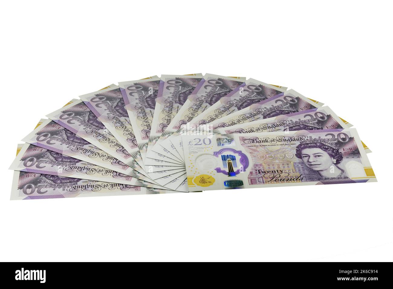 UK banconote fan di UK Polymer £20 banconote da venti sterline valuta britannica Foto Stock