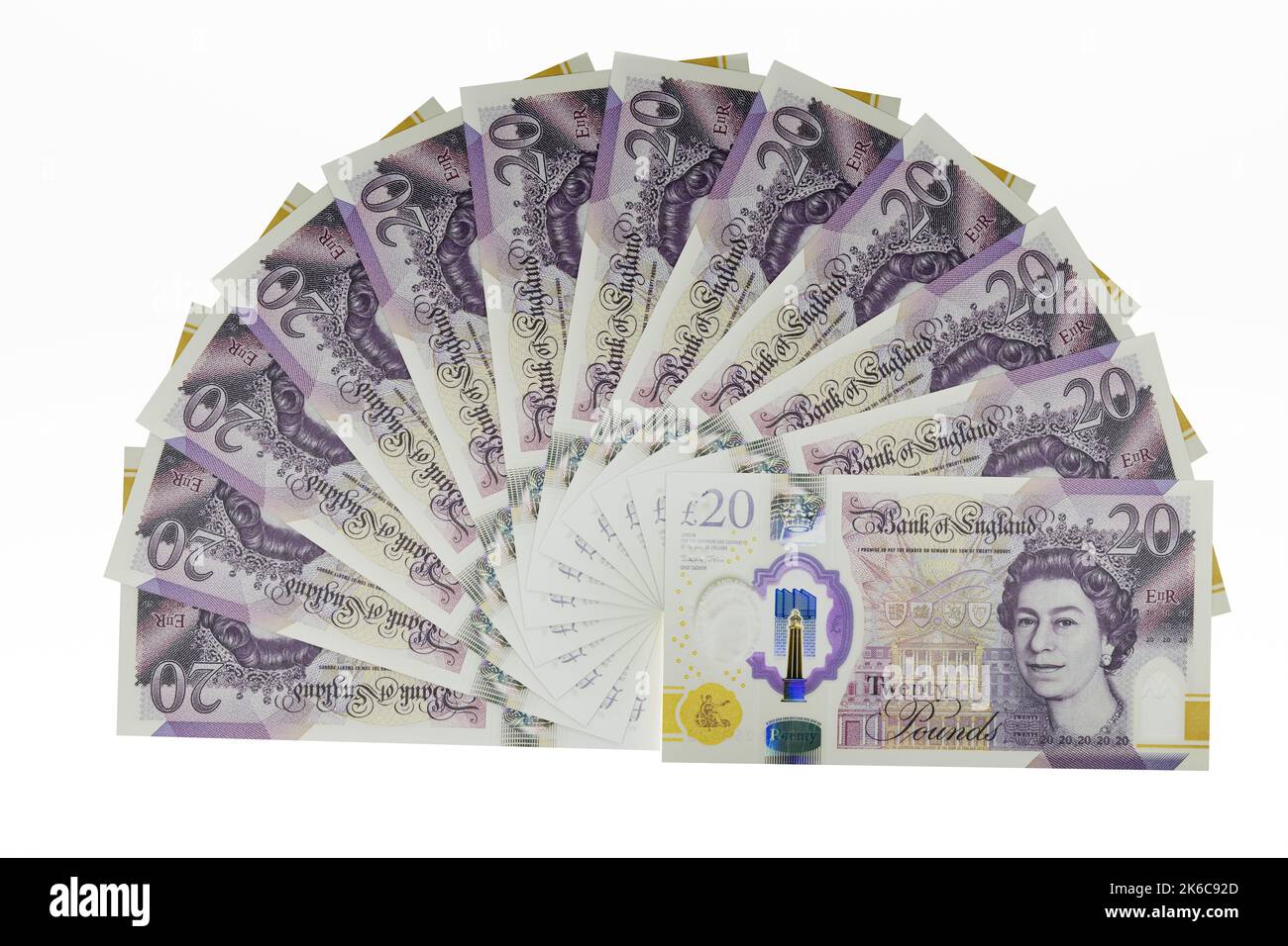 UK banconote fan di UK Polymer £20 banconote da venti sterline valuta britannica Foto Stock