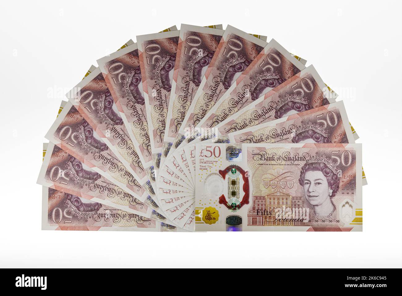 UK banconote fan di UK Polymer £50 banconote da cinquanta sterline banconote in valuta britannica Foto Stock
