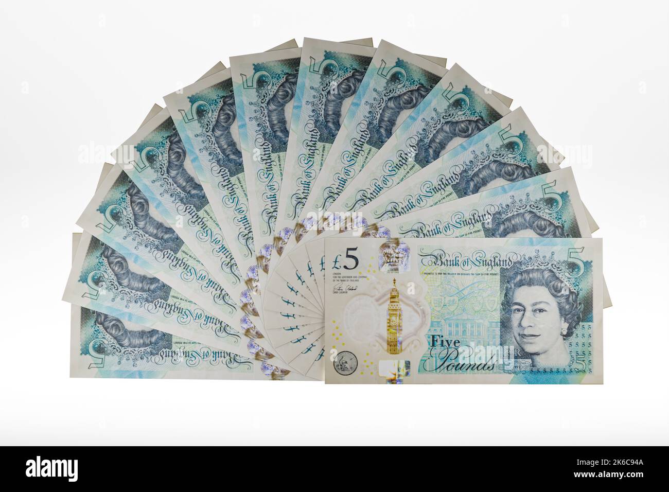 Banconote in denaro UK fan di UK Polymer £5 banconote da cinque sterline valuta britannica Foto Stock
