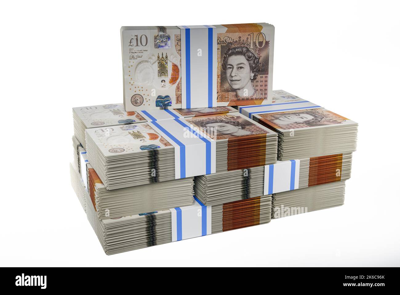 Pile pile di denaro del Regno Unito pile di pile di british Polymer £10 banconote pacchi di dieci sterline Foto Stock