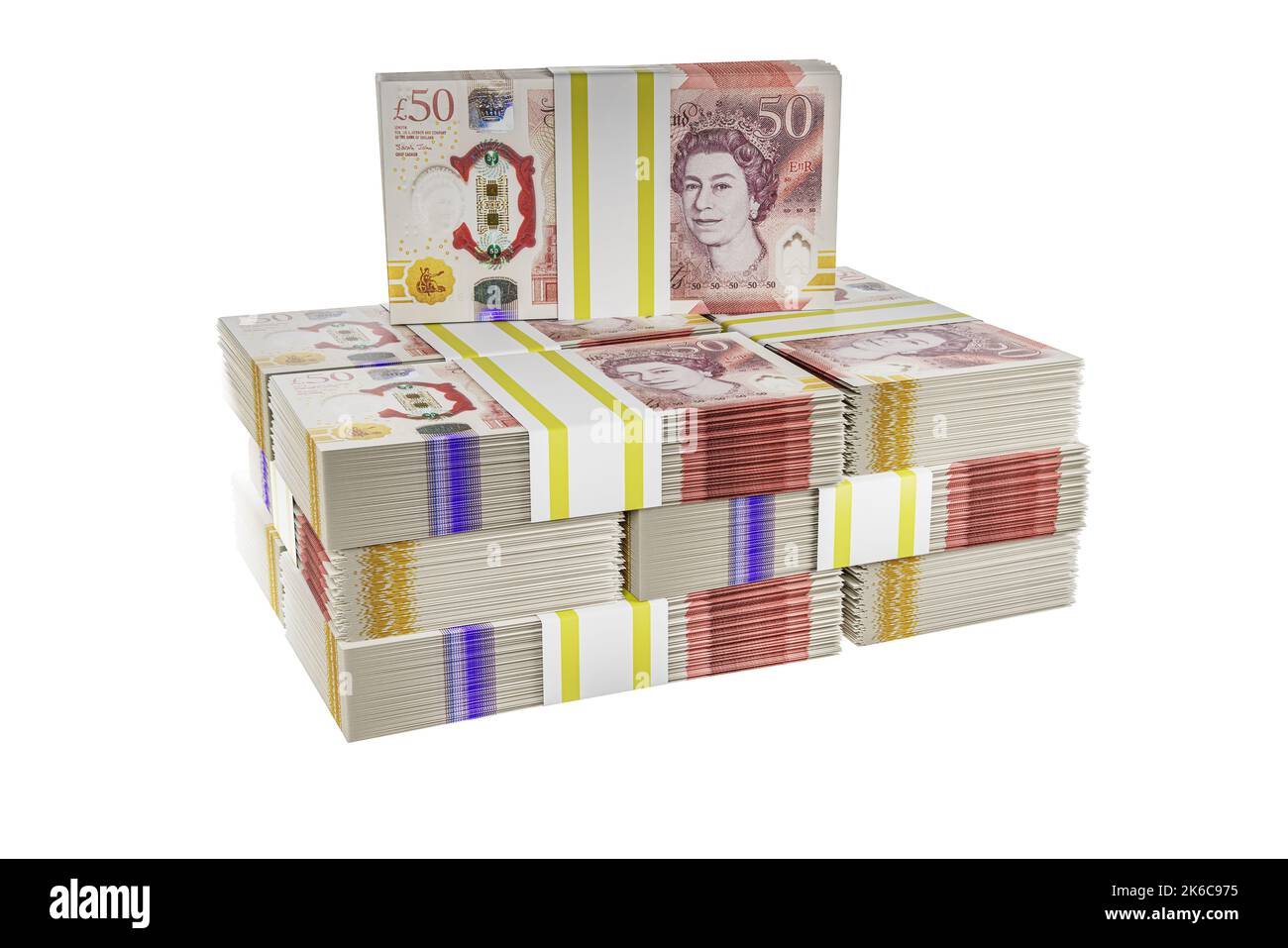 Pile pile di denaro del Regno Unito pile di banconote British Polymer £50 pacchi di banconote da cinquanta sterline Foto Stock