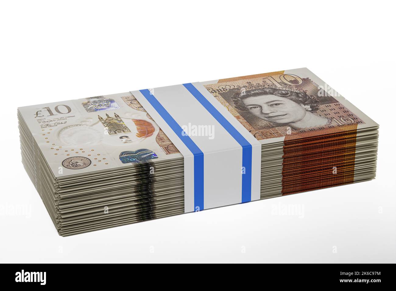 Pile pile di denaro del Regno Unito pile di pile di british Polymer £10 banconote pacchi di dieci sterline Foto Stock