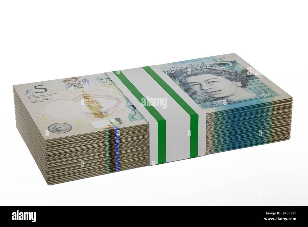 Pile pile di denaro del Regno Unito pile di pile di british Polymer £5 banconote pacchi di cinque sterline Foto Stock