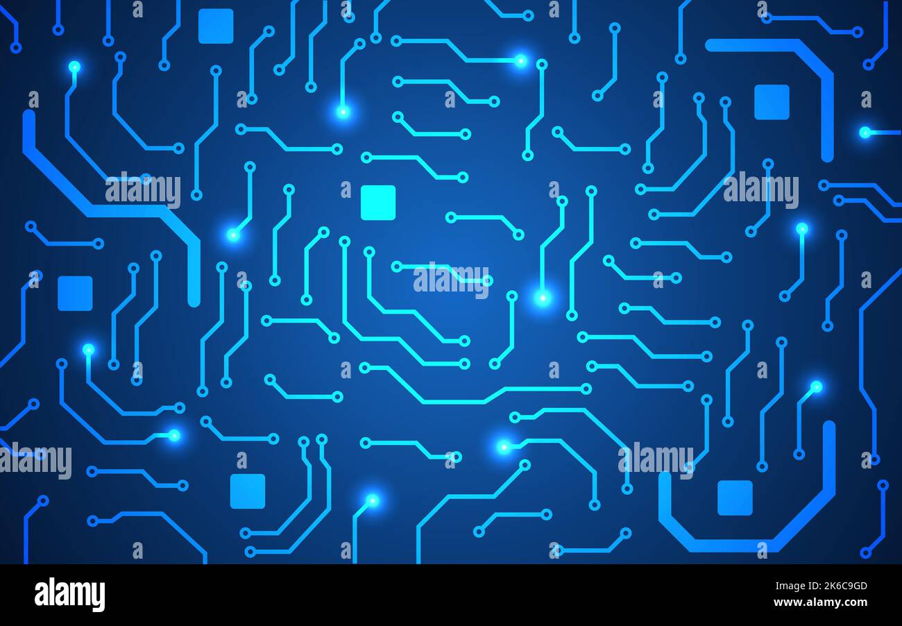 Scheda a circuiti stampati. Sfondo tecnologico blu. Concetto di tecnologia futuristica. Collegamenti elettronici luminosi. Carta da parati moderna della scheda madre. Software astratto bac Illustrazione Vettoriale