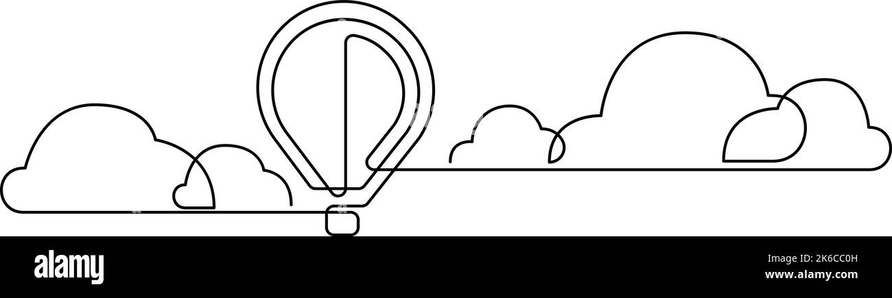 Mongolfiera che galleggia nel cielo tra le nuvole in uno stile di disegno a linea unica. Illustrazione vettoriale. Illustrazione Vettoriale