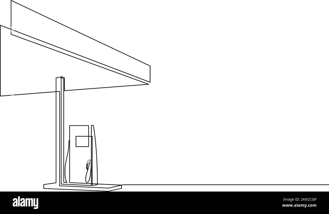 Disegno a linea singola della stazione di rifornimento. Costruzione di una stazione di servizio. Illustrazione vettoriale Illustrazione Vettoriale