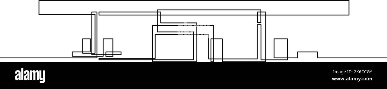 Disegno a linea continua della costruzione di una stazione di servizio. Manutenzione della stazione di servizio con design a una linea. Illustrazione vettoriale Illustrazione Vettoriale