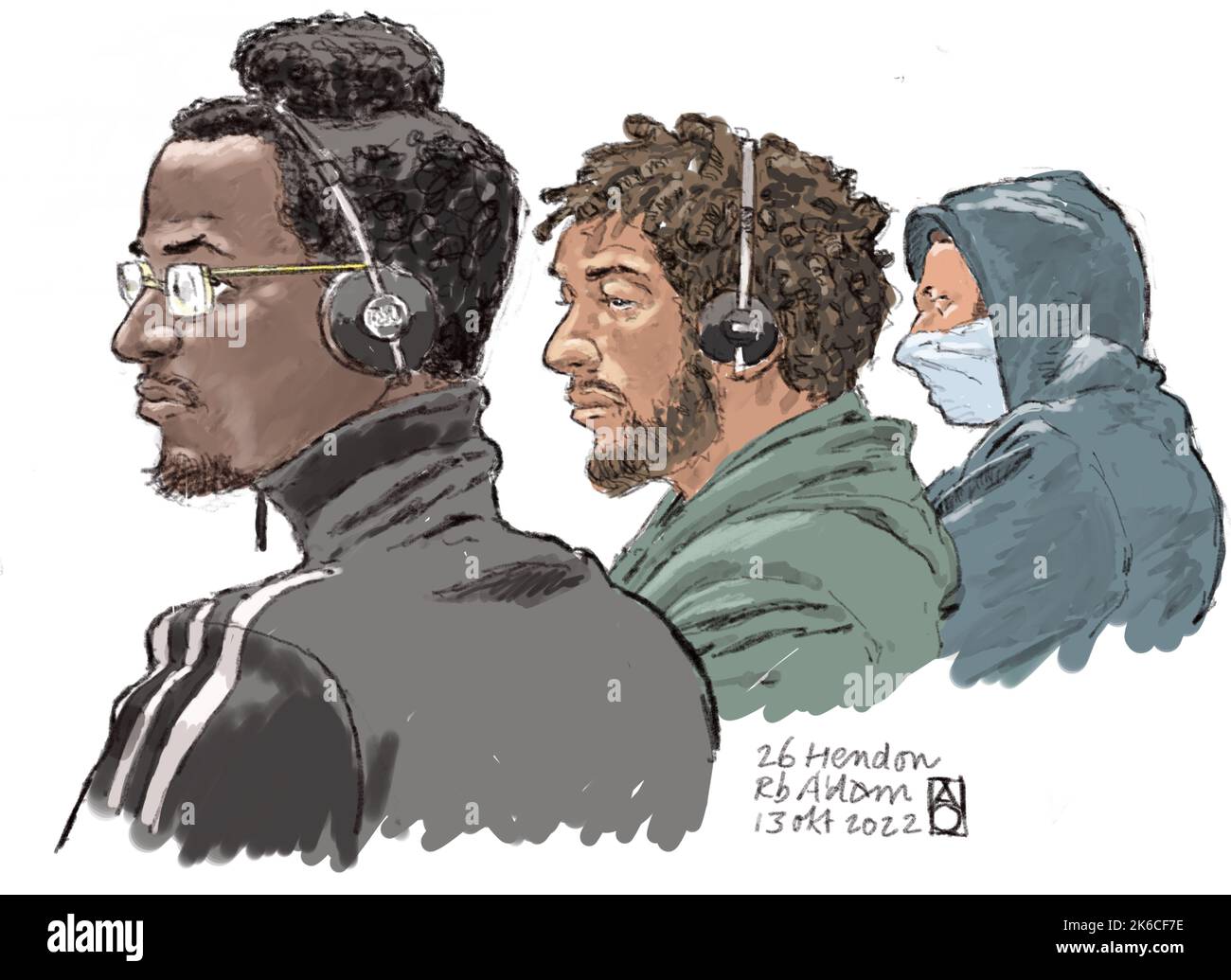 2022-10-13 12:00:00:19 AMSTERDAM - disegno di Corte dei sospetti (lr) Gerower M., Erickson O. e Krystian M. durante la prima udienza pro forma nel caso penale 26Hendon, il secondo caso penale circa la morte di Peter R. de Vries. ANP ALOYS OOOSTERWIJK olanda fuori - belgio fuori Foto Stock