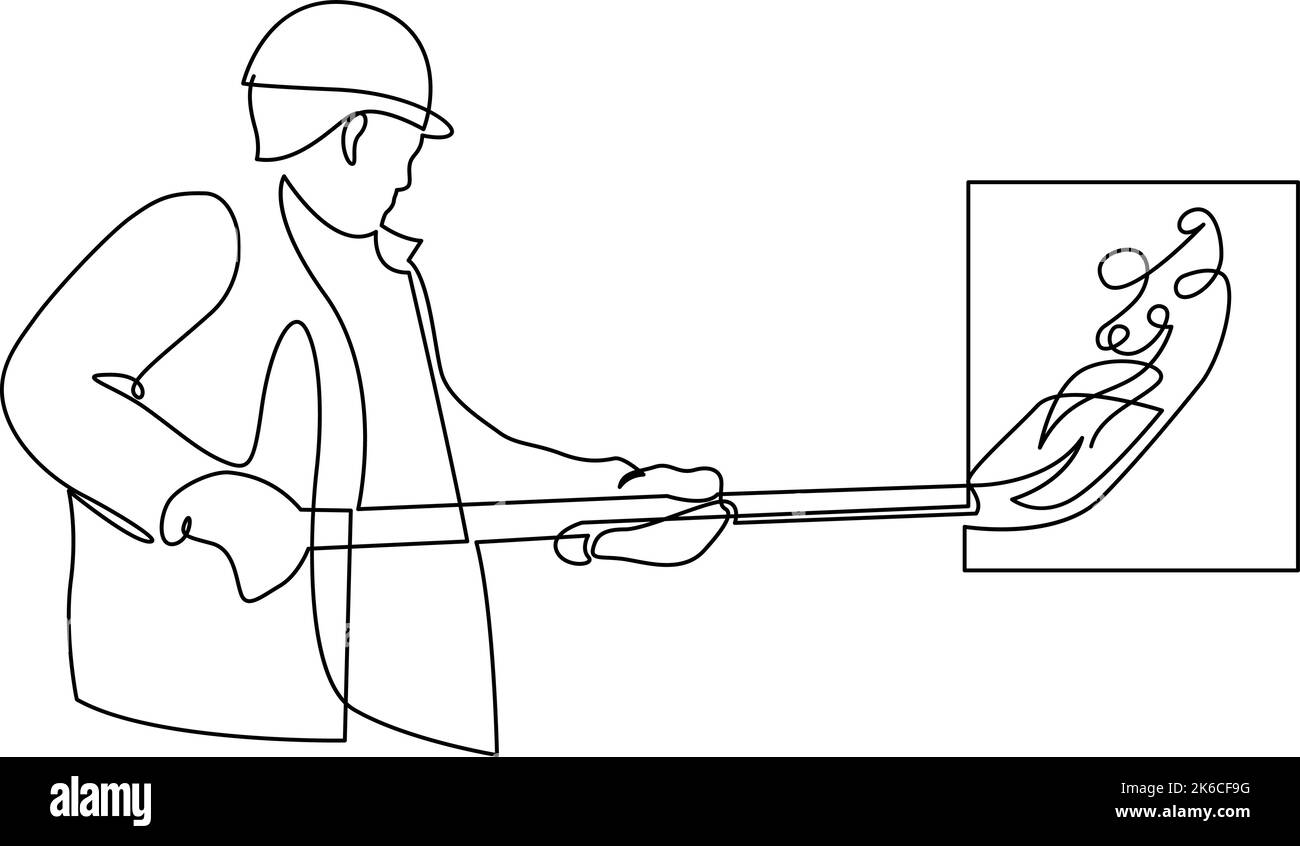 Un operatore inserisce un carbone all'interno del motore. Disegno a linea continua. Illustrazione vettoriale Illustrazione Vettoriale