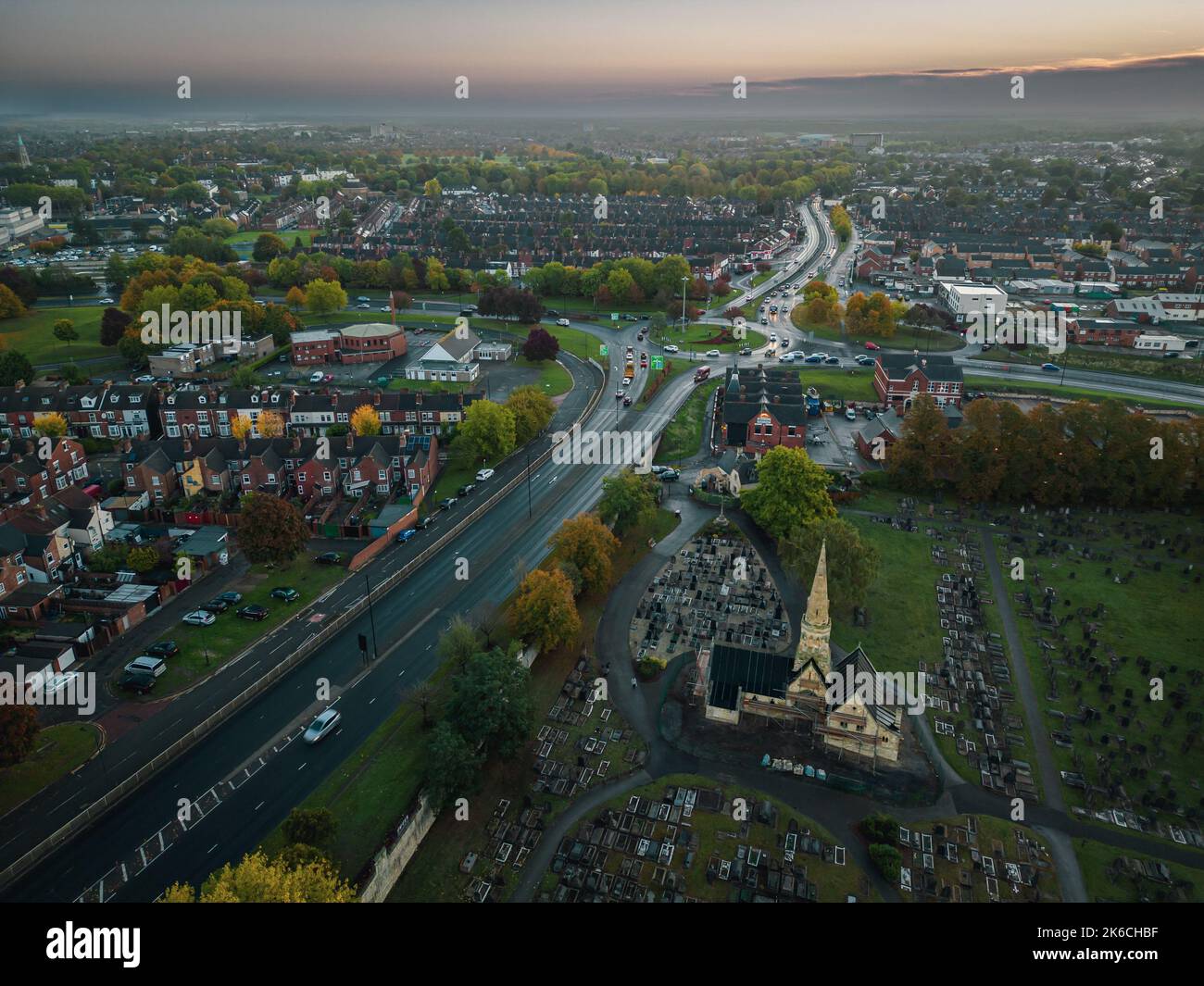 Una vista aerea di un Doncaster al tramonto Foto Stock