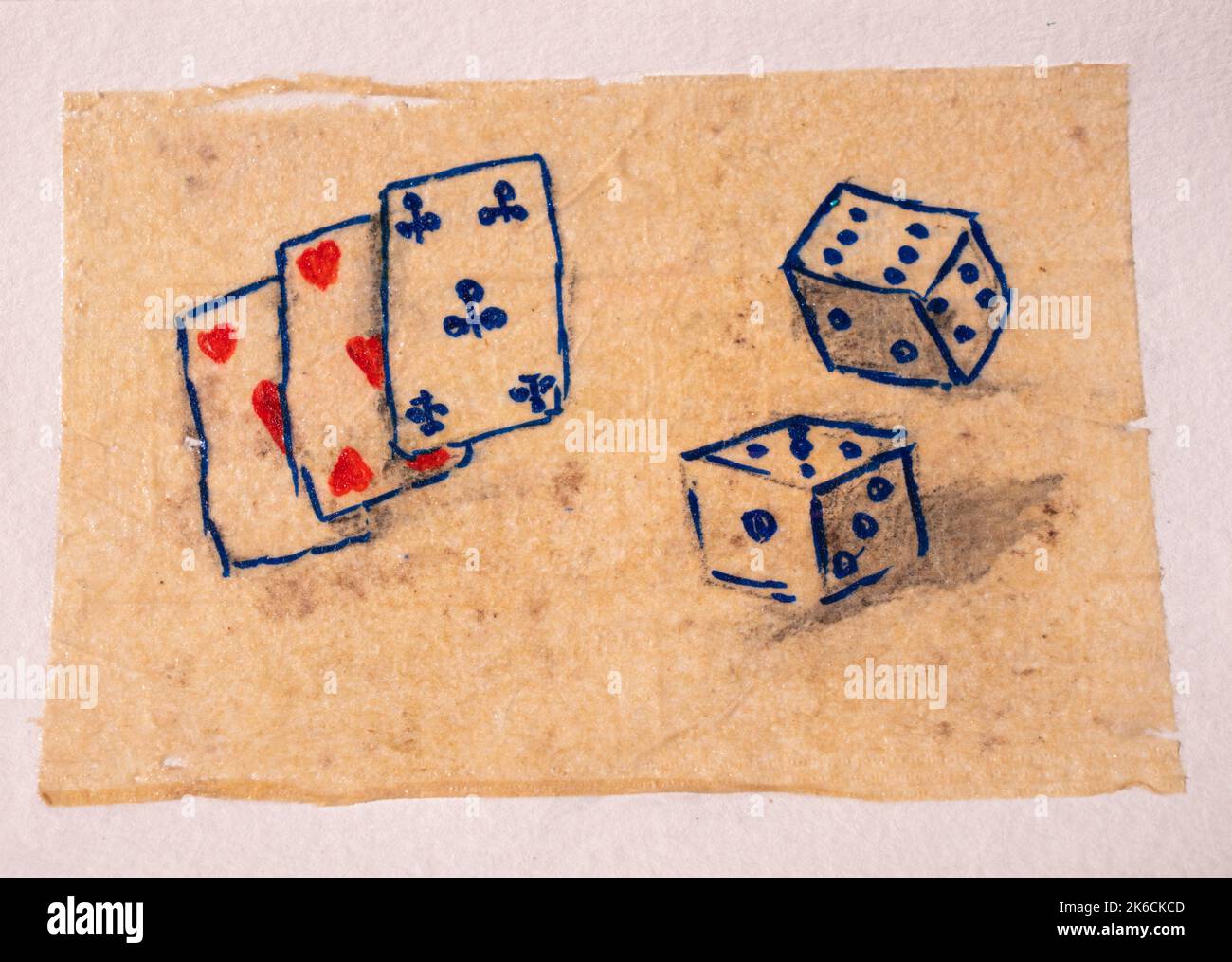 Giocare a carte e dice pittura grafica su teabag Foto Stock Giocare a carte e dice pittura grafica su teabag Foto Stock