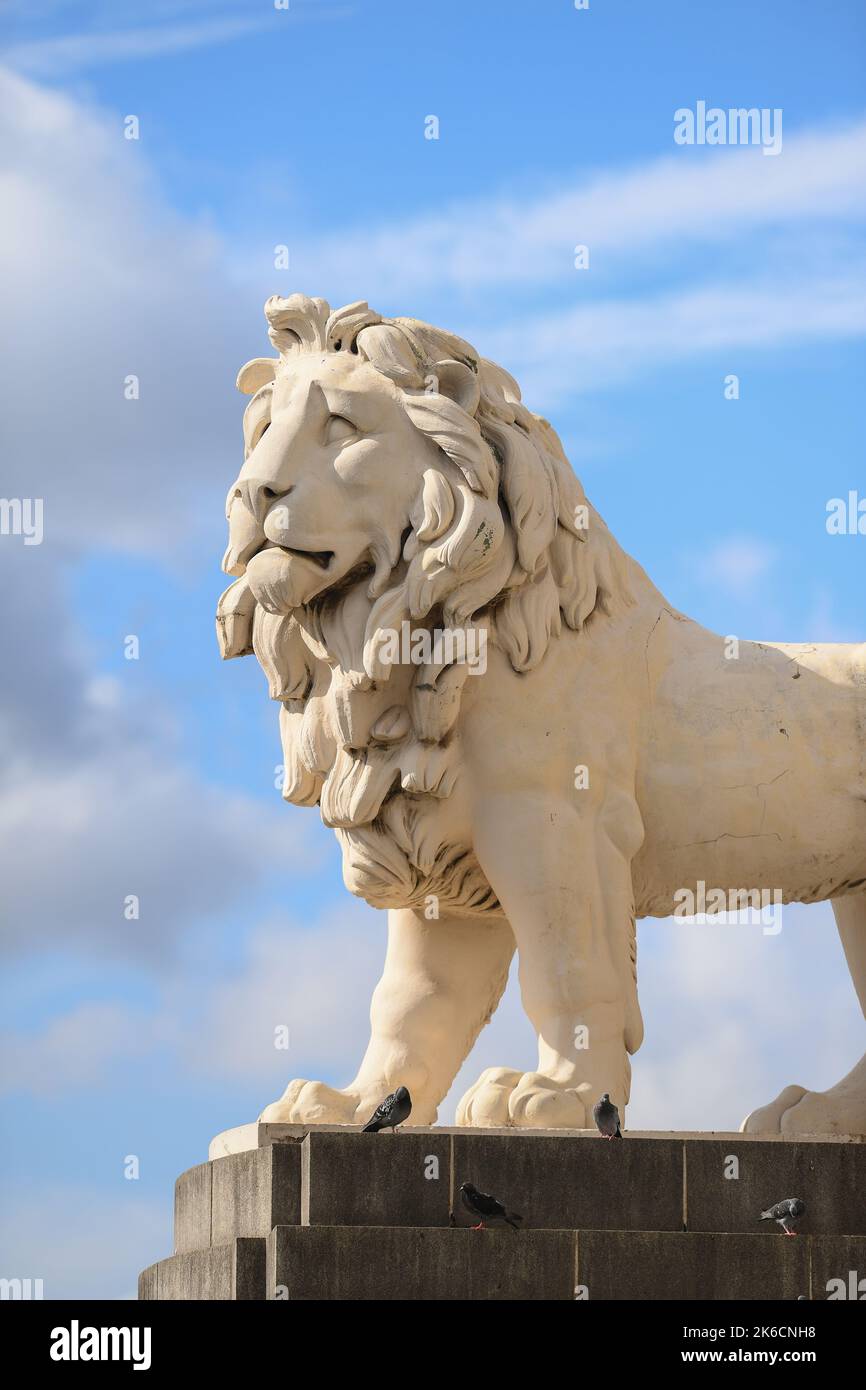 Primo piano della statua del leone della sponda sud catturata dal sole della luce del giorno, situata sulle scale del Westminster Bridge verso la sponda sud. Foto Stock