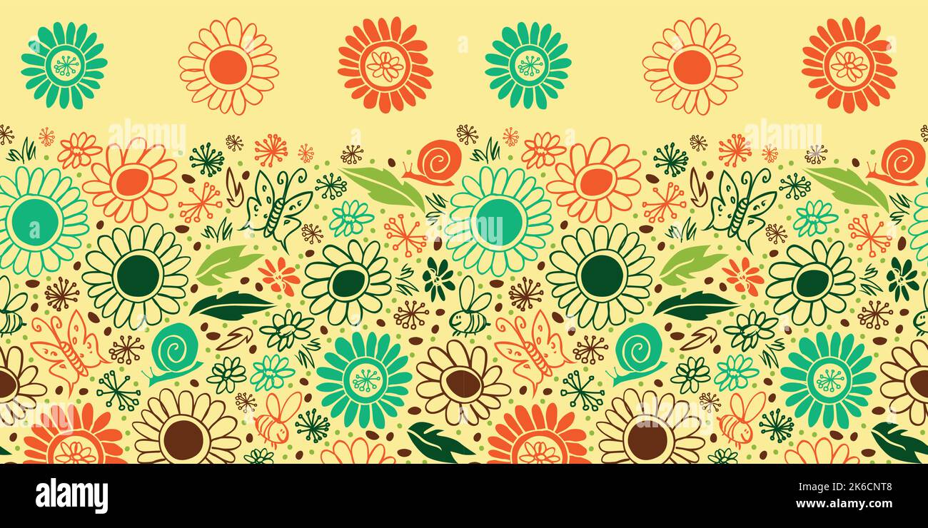 Vettore doodle felice penna giallo daisy scribbles modello di bordo orizzontale. Adatto per biglietti d'auguri. Illustrazione Vettoriale