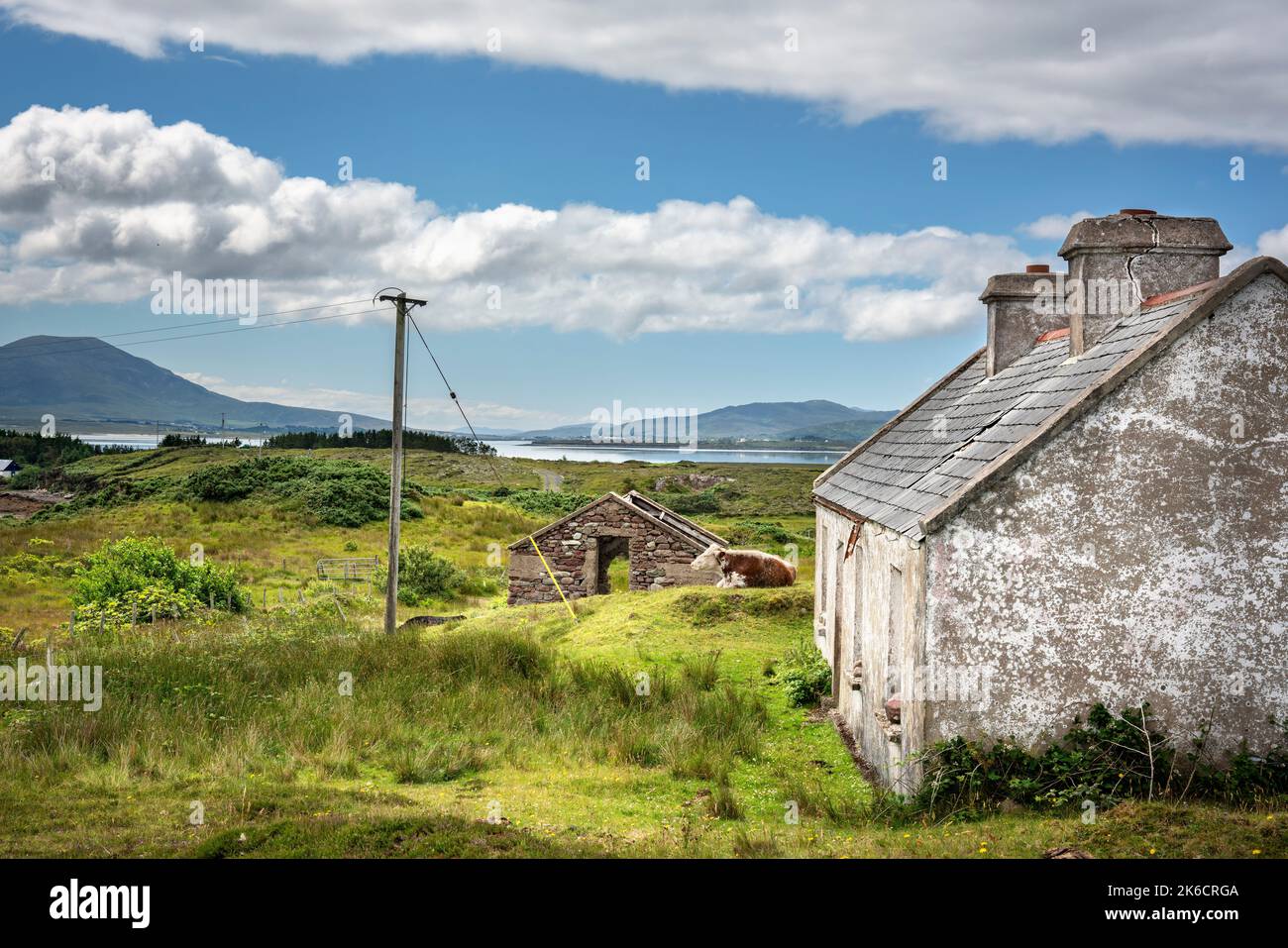 Inishbiggle, County Mayo, Irlanda, 07-14-2019. Una casa vacante abbandonata e fatiscente è ora utilizzata come capannone di mucca. Foto Stock