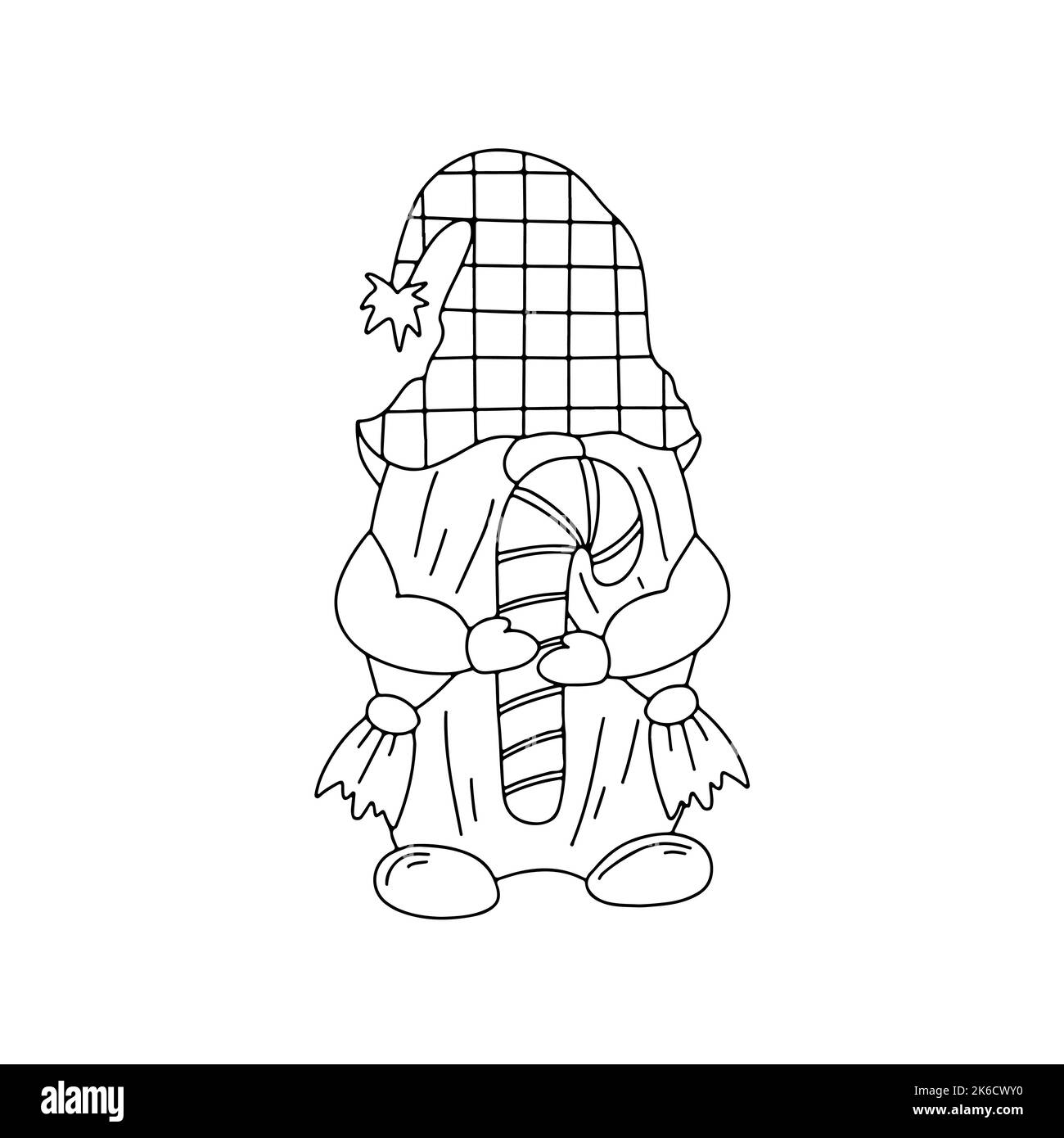 Nana carina in stile doodle disegnata a mano. GNOME con caramella. Personaggio da fiaba in stile schizzo Illustrazione Vettoriale