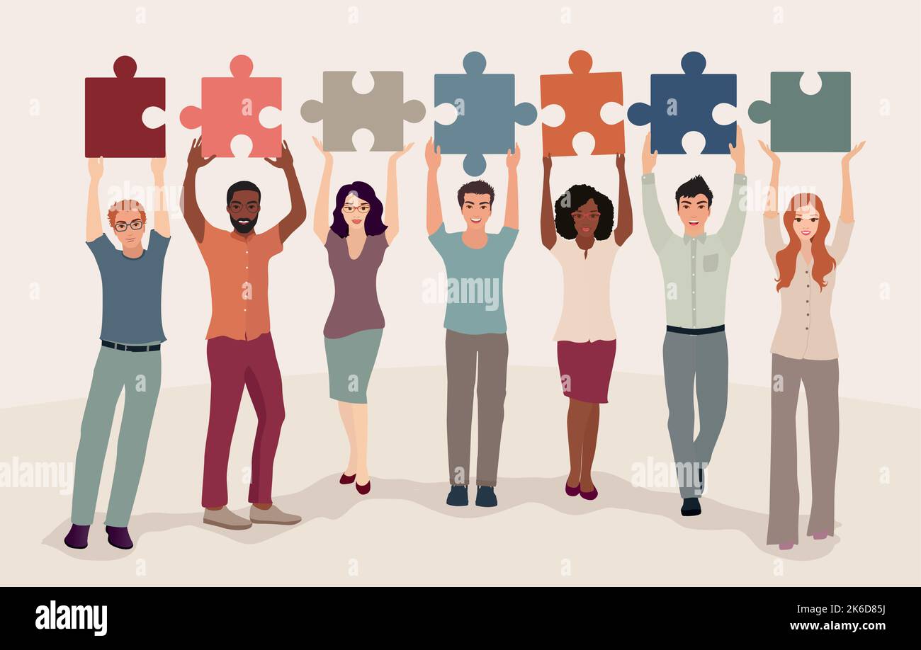 Gruppo di diverse persone della cultura con mani sollevate che tengono e collegano puzzle pezzi. Colleghi collaboratori collaboratori che collaborano Illustrazione Vettoriale