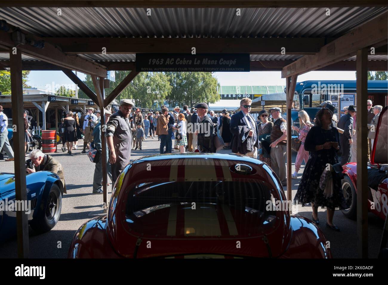 Un 1963 AC Cobra le Mans Coupe RAC TT Celebration concorrente nel paddock al BARC Revival Meeting, circuito automobilistico di Goodwood, Chichester, UK Foto Stock