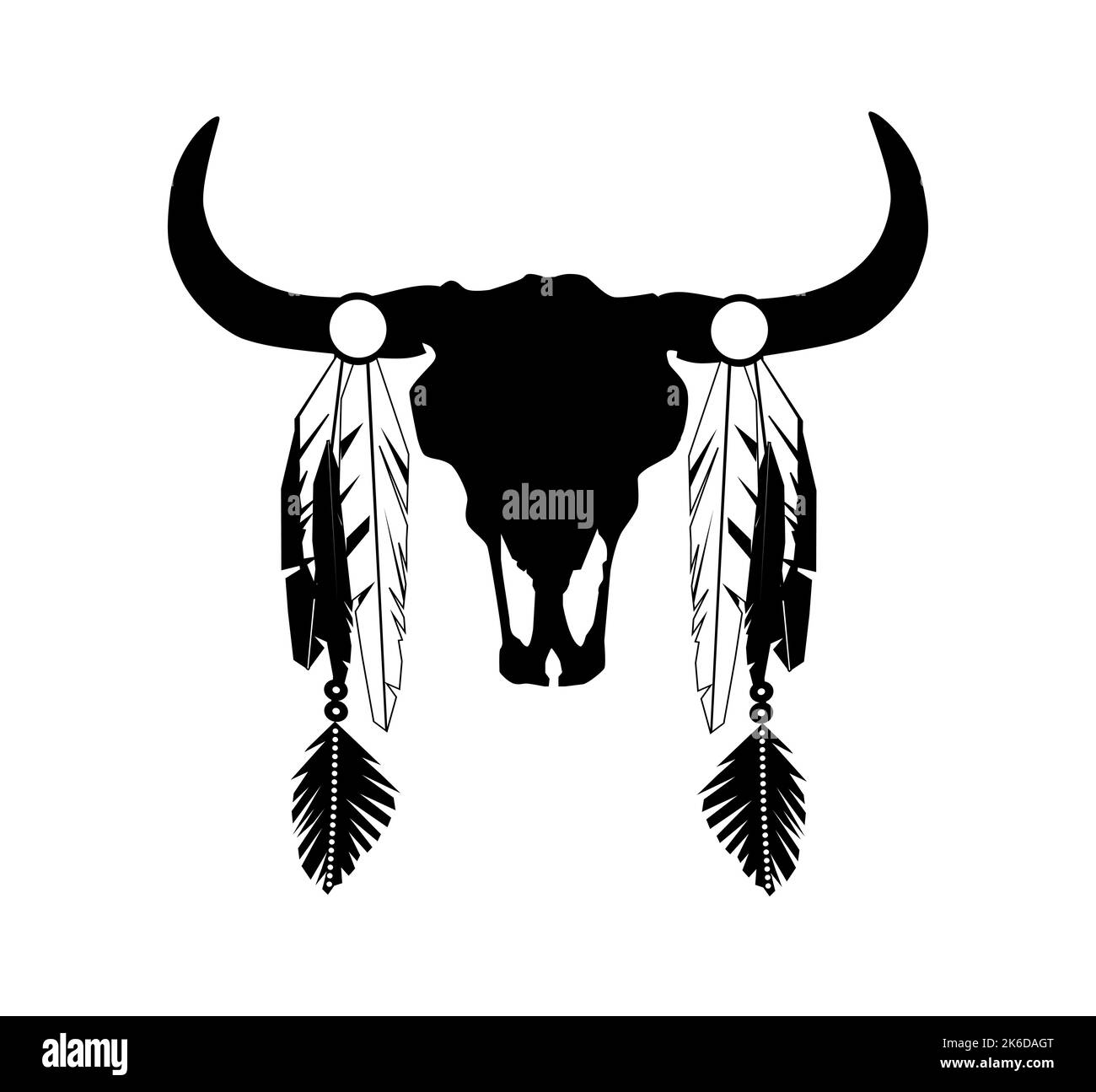 Silhouette a testa di mucca con piume, logo nativo americano isolato Foto Stock