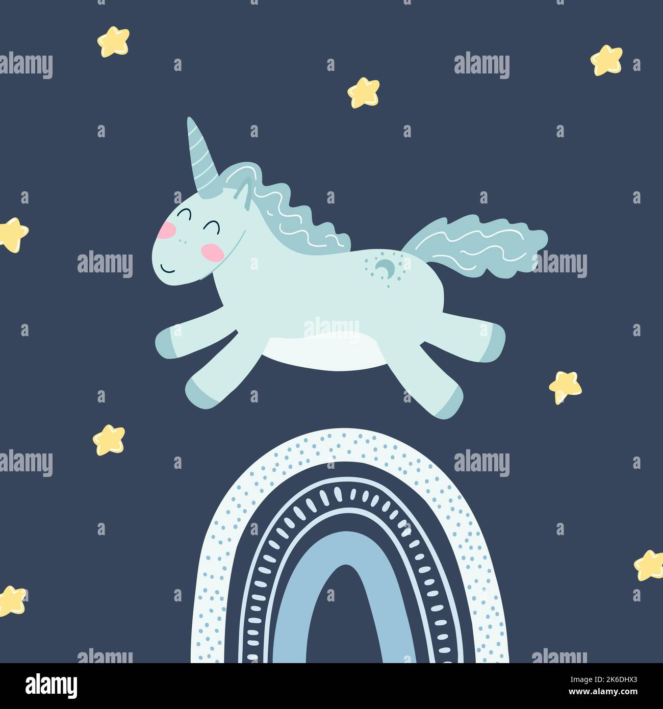 Simpatici unicorno, arcobaleno e stelle in stile cartoon piatto. Illustrazione vettoriale di cavallo, animale pony in colore tirocchese per stampa tessuto, abbigliamento Illustrazione Vettoriale