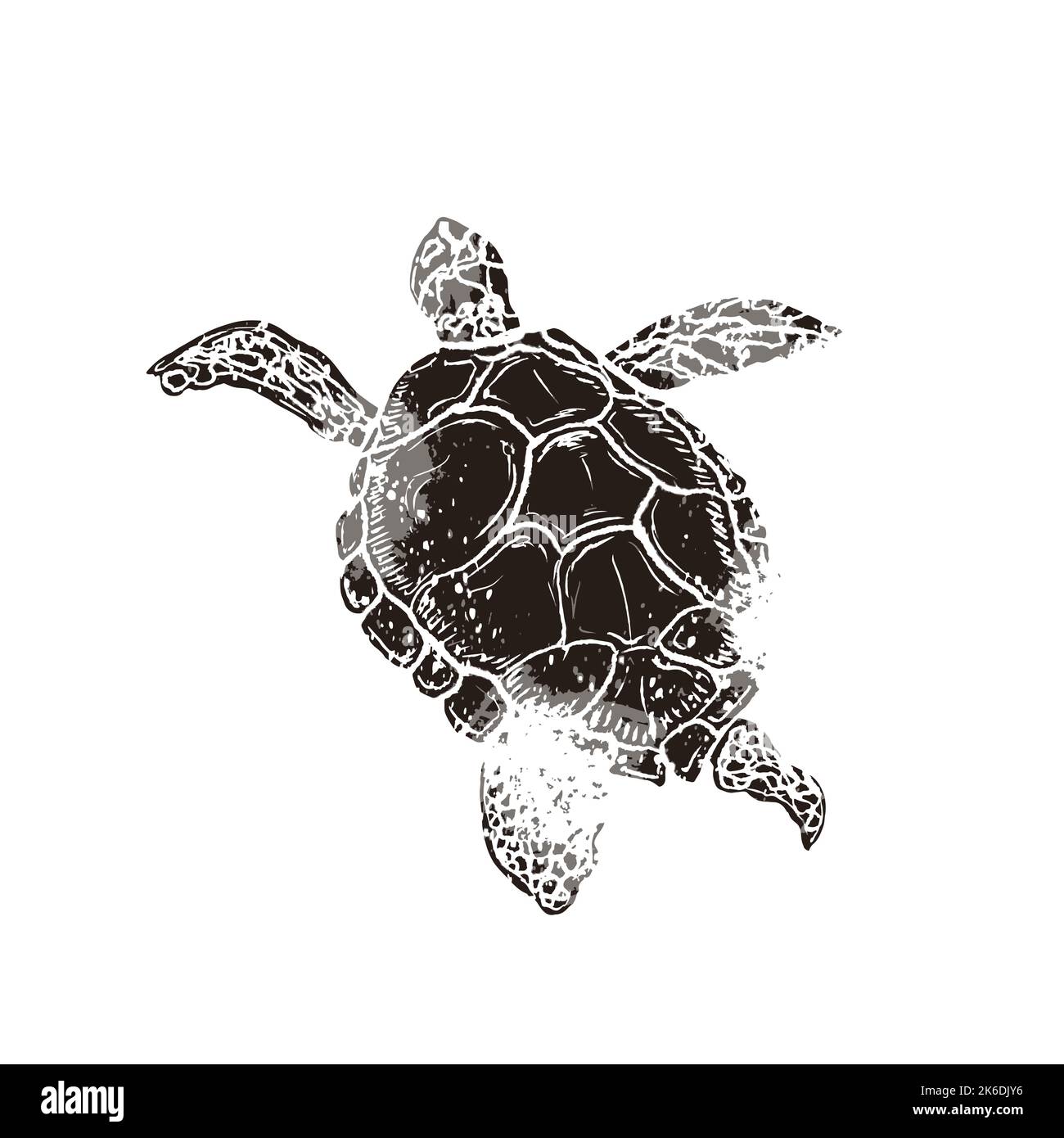 Tartaruga da nuoto in stile retrò linocut isolata sul bianco Illustrazione Vettoriale