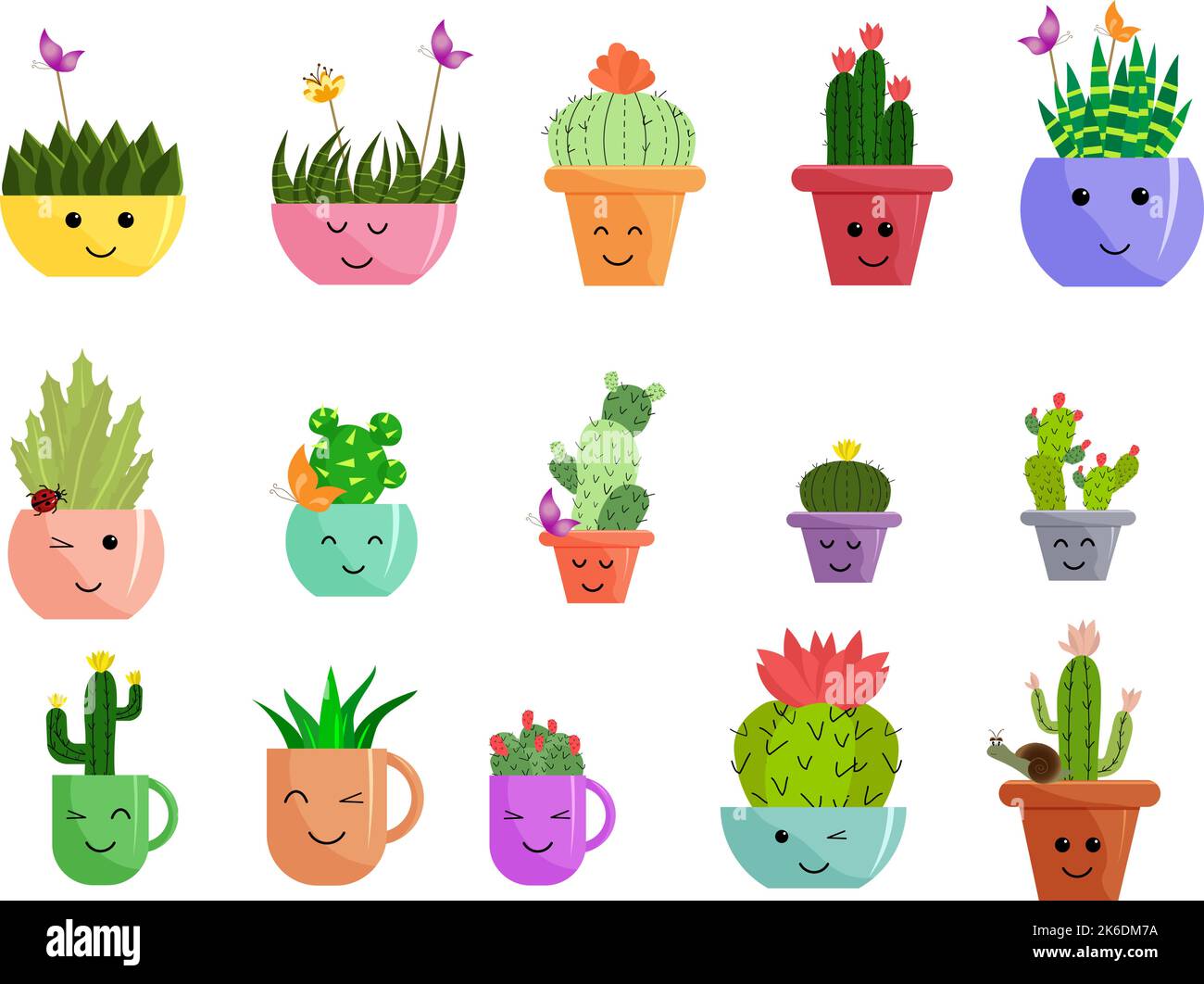 Mettere con succulenti in vasi di fiori e tazze. Disegni divertenti e carini di piante. Illustrazione Vettoriale