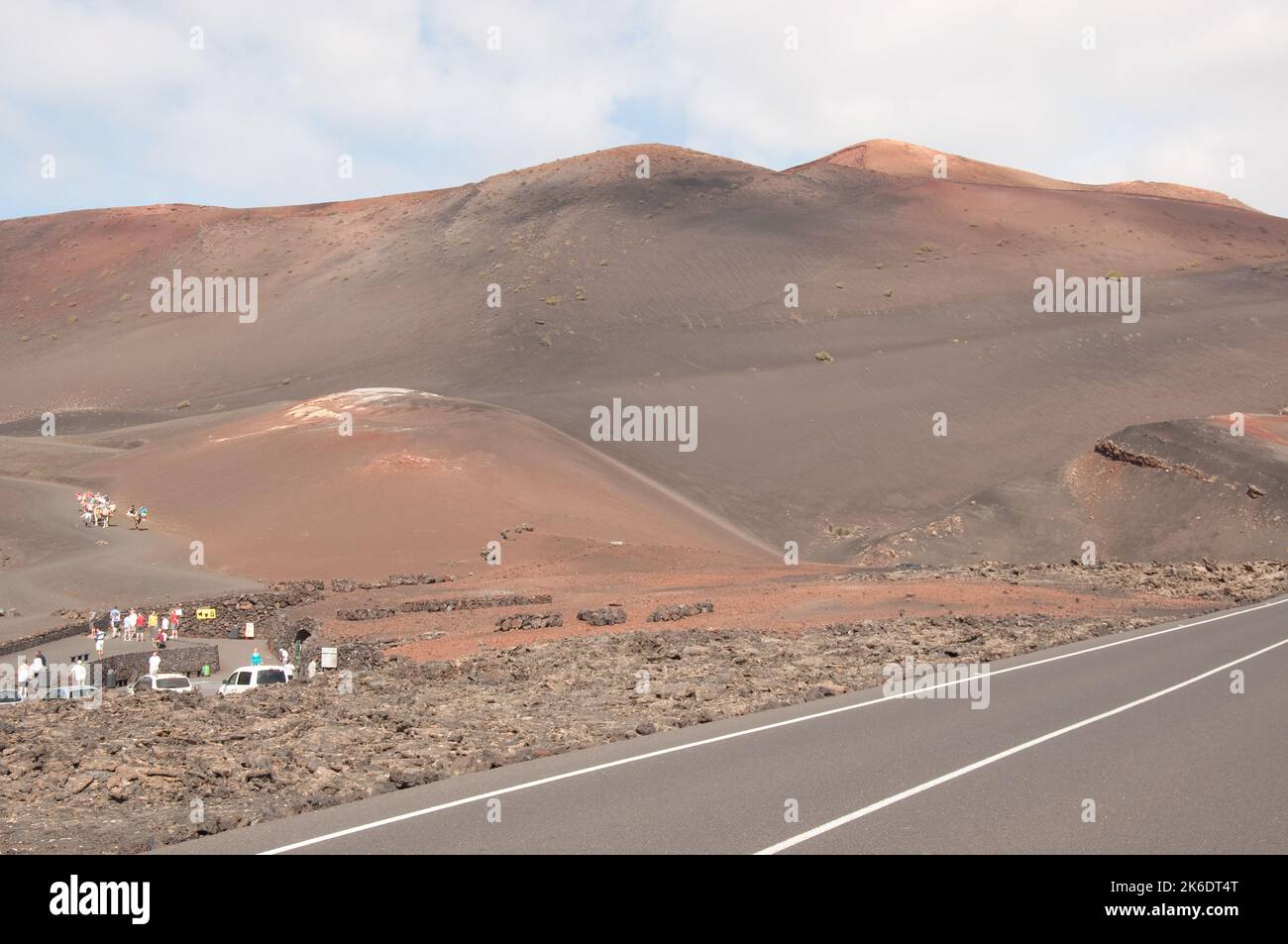 Gite in cammello tra i vulcani, Parco Nazionale di Timanfaya, Lanzarote, Isole Canarie. Diverse centinaia di cammelli sono conservati nella zona di Timanfaya e utilizzati t. Foto Stock