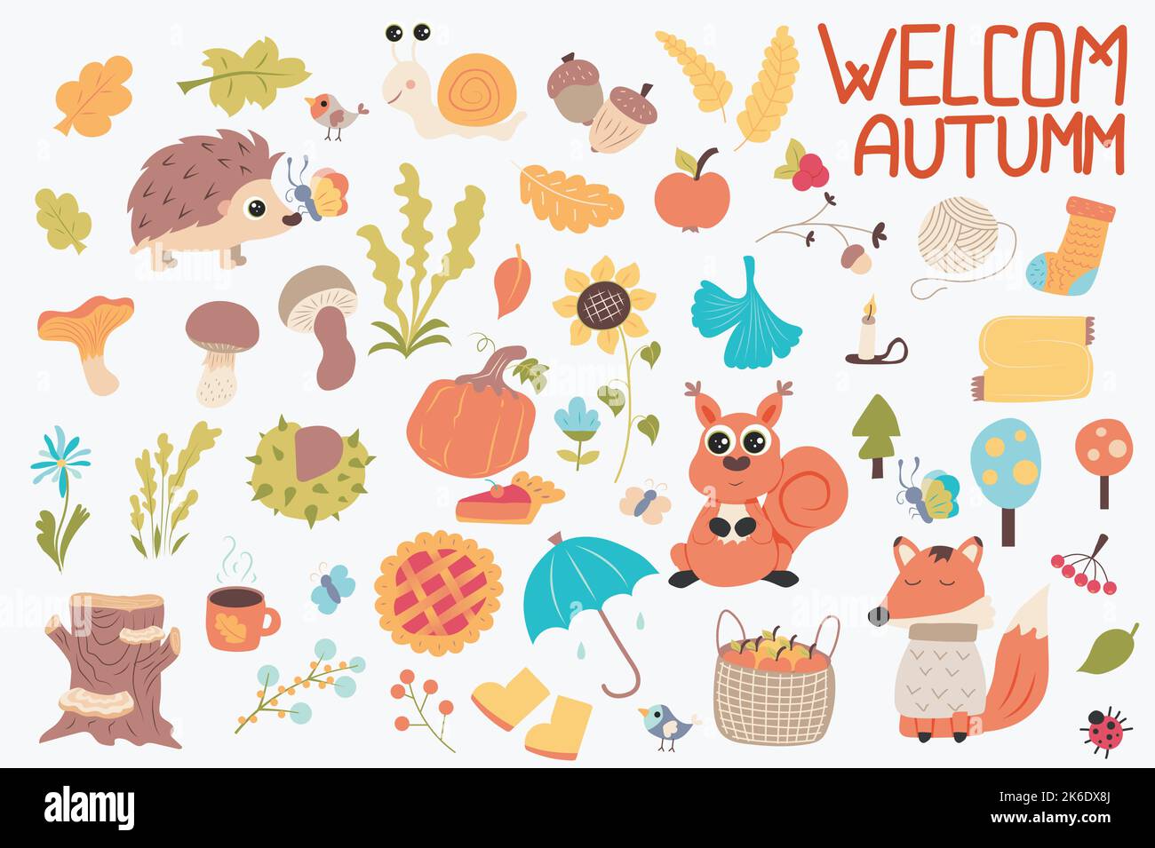 Autunno carino set in cartone piano design. Fascio di foglie, riccio, lumaca, ghianda, mela, berry, calze, sciarpa, girasole, zucca, funghi, fiori Illustrazione Vettoriale