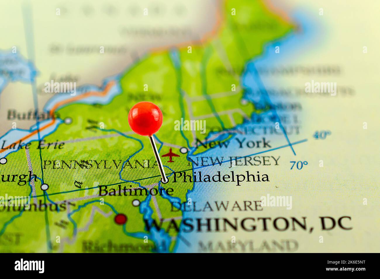 Mappa di Filadelfia. Mappa dei pin di Philadelphia. Primo piano della mappa di Filadelfia con la spilla rossa. Mappa con punto rosso di Philadelphia negli Stati Uniti. Foto Stock