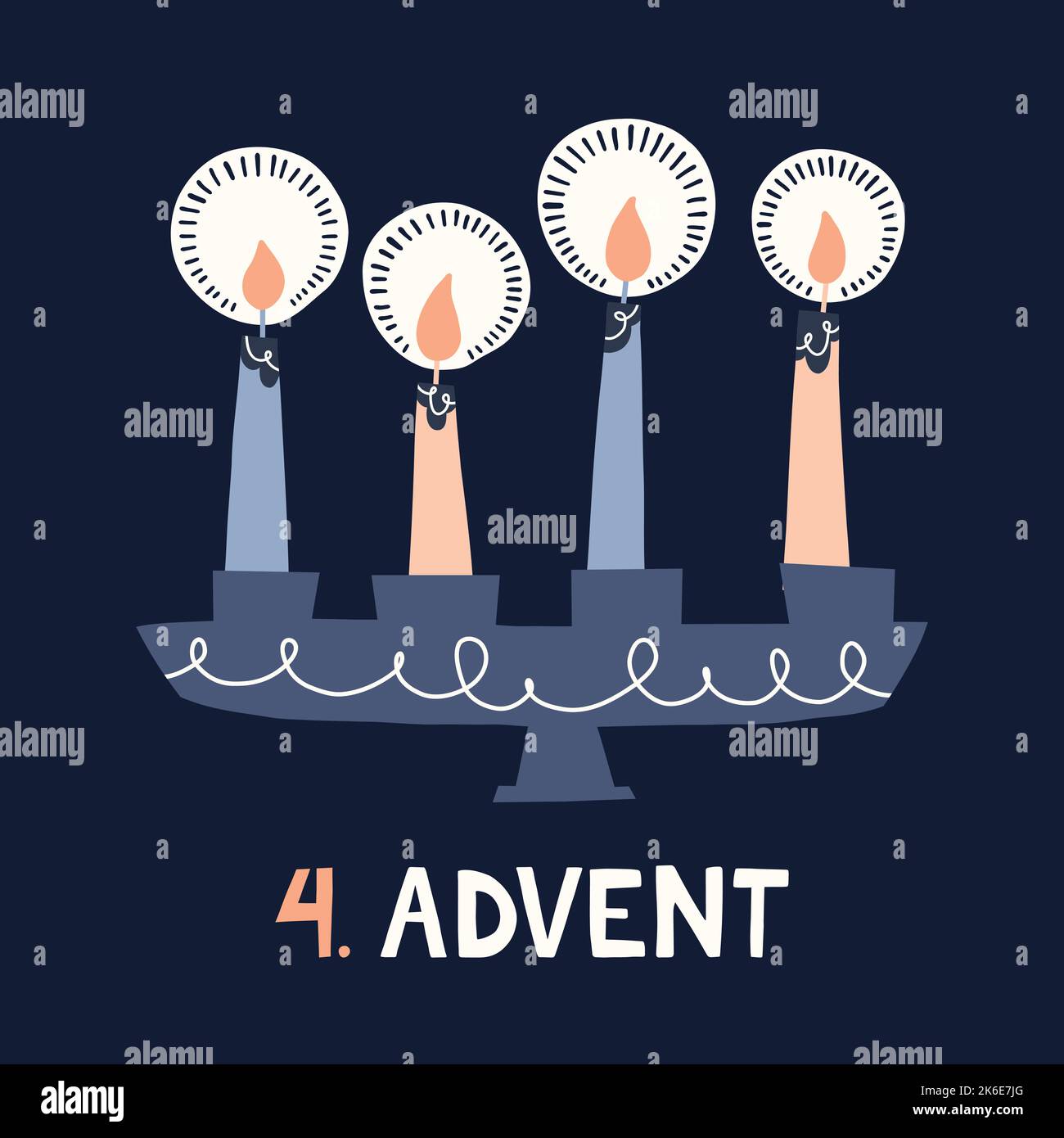 Quattro candele in portacandele retro Scandinavian Flat Illustrazione. Stampa grafica vettoriale dell'Avvento di Natale Illustrazione Vettoriale