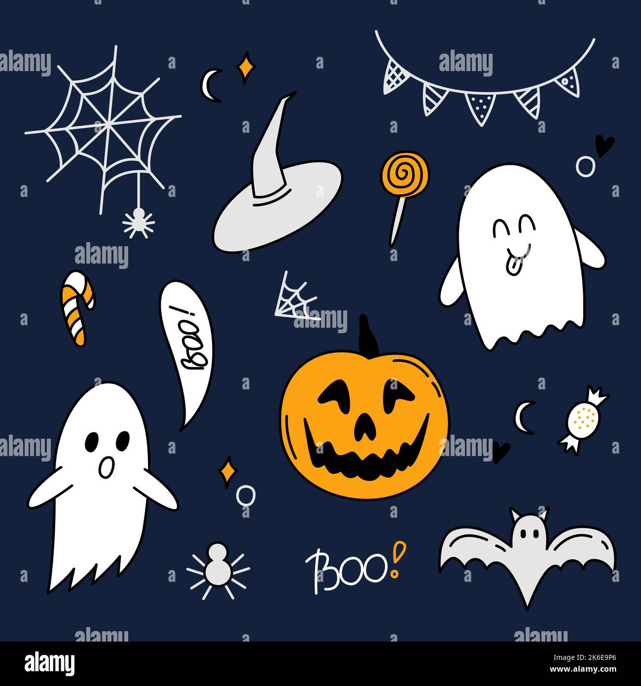 Set di colori per doodle di Halloween. Fantasma, zucca, dolci, pipistrello, rete, ragno, cappello di strega. Elementi di cartone isolato su sfondo blu scuro. Contorno disegnato a mano Illustrazione Vettoriale