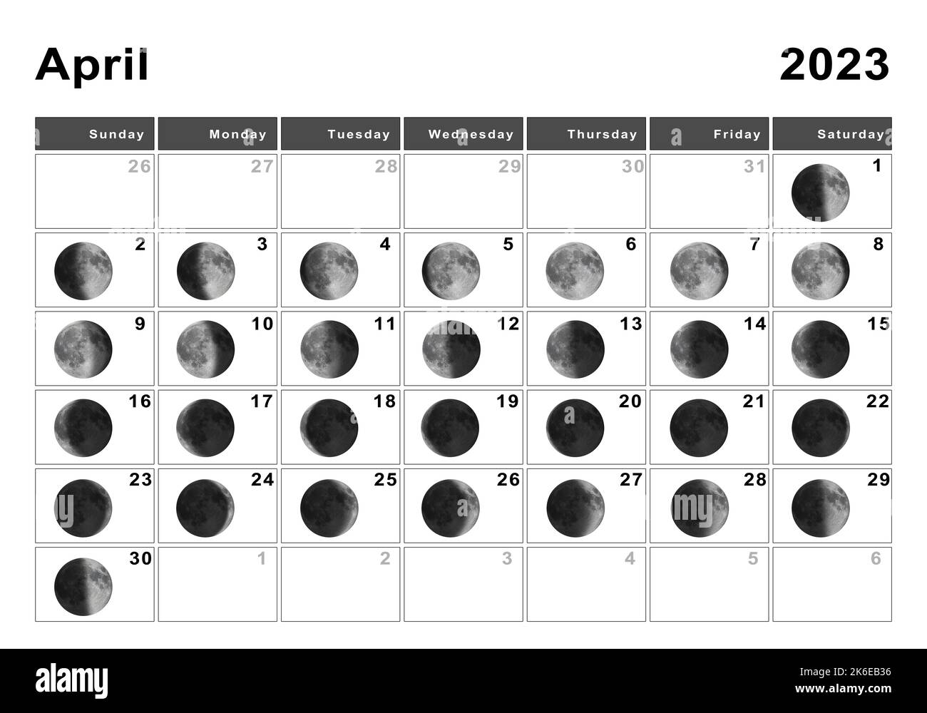 Aprile 2023 Calendario lunare, cicli lunari, fasi lunari Foto Stock
