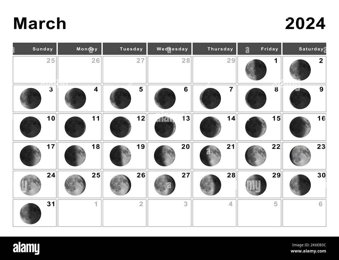 Marzo 2024 Calendario lunare, cicli lunari, fasi lunari Foto stock Alamy