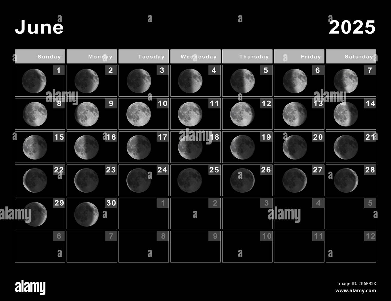 Giugno 2025 Calendario lunare, cicli lunari, fasi lunari Foto Stock
