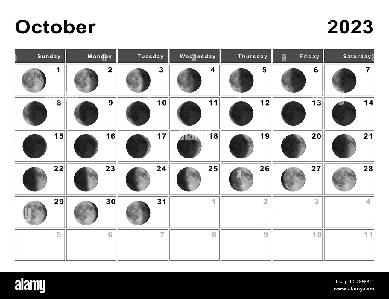 Ottobre 2023 Calendario lunare, cicli lunari, fasi lunari Foto Stock