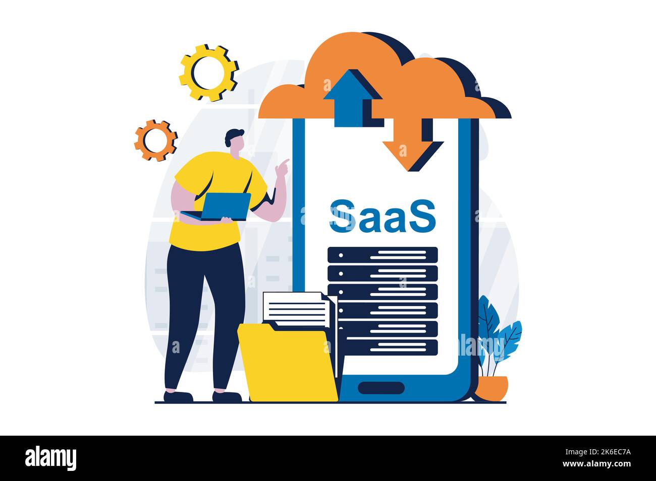 Concetto SaaS con la scena delle persone in un design a cartoni animati piatti. Uomo che lavora con il caricamento e il download di file su un'applicazione mobile online. Software come a. Illustrazione Vettoriale