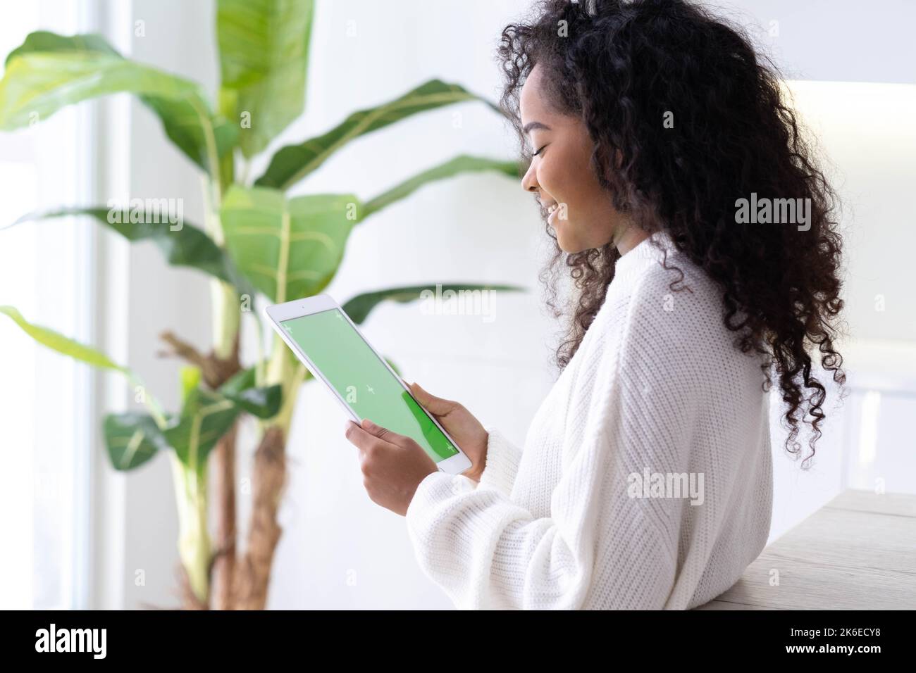 African American black girl utilizzando iPad tablet visualizzazione schermo verde premere browsing chroma key online digitando testo lettura social media Freelancer Foto Stock