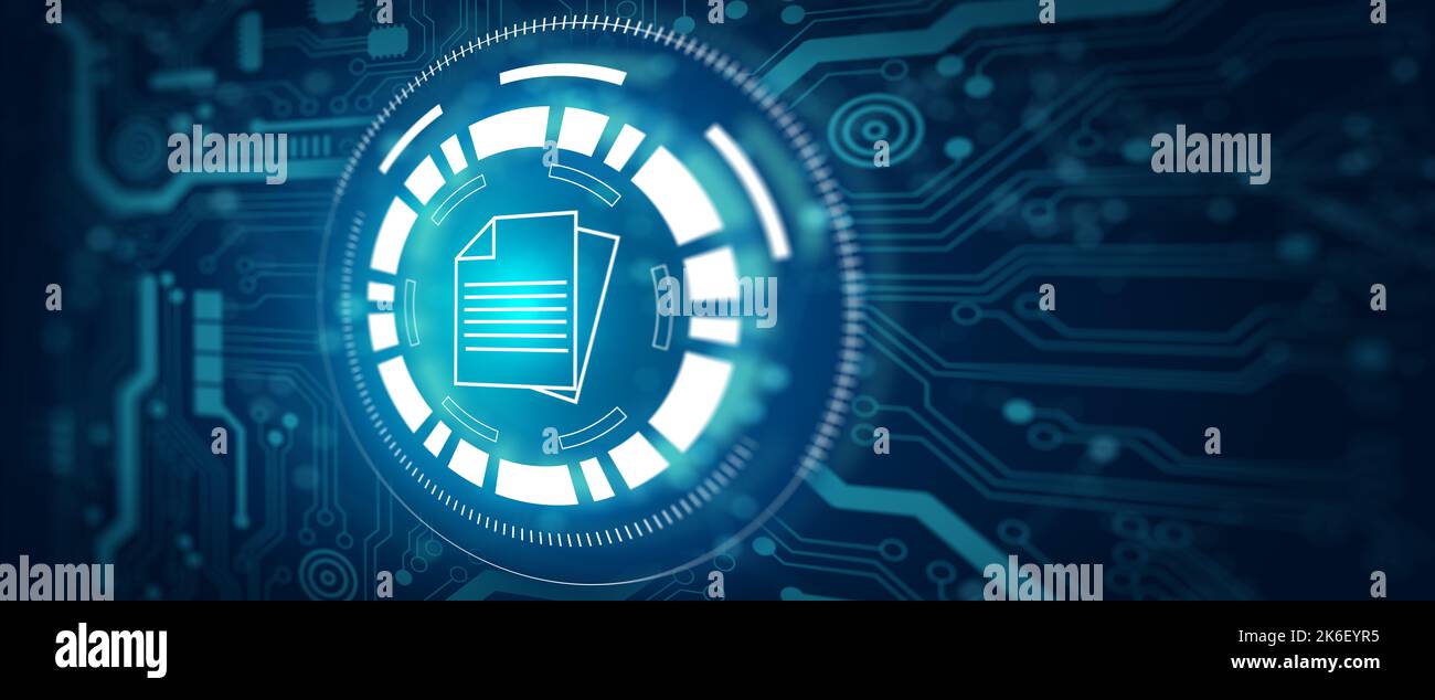 Sistema di gestione dei documenti (DMS). Documentate l'ologramma di dati Internet con sfondo blu Technology. Concetto di tecnologia in linea di affari. Illustrazione 3D Foto Stock