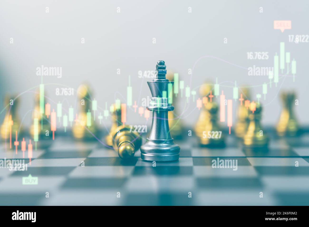 gioco di scacchi a bordo indicatori grafico forex e grafico mercato azionario finanza investimento business digital marketing finanza concetto. Foto Stock