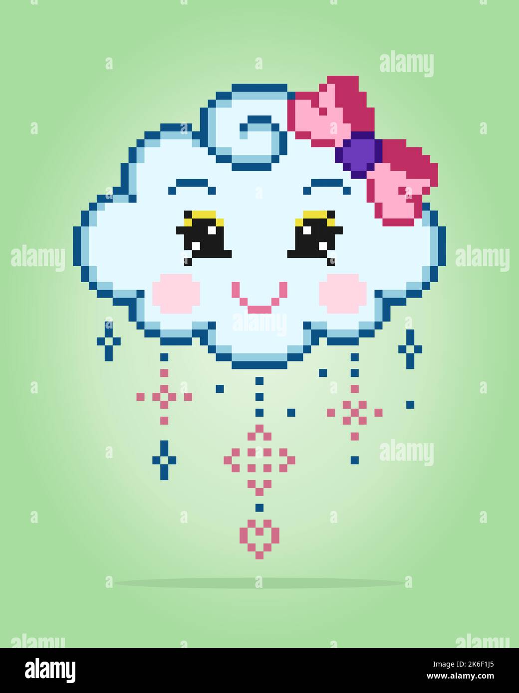 carino fumetto a 8 bit pixel con gocce di pioggia colorate. Cloud naturale per le risorse di gioco nell'illustrazione vettoriale. Illustrazione Vettoriale